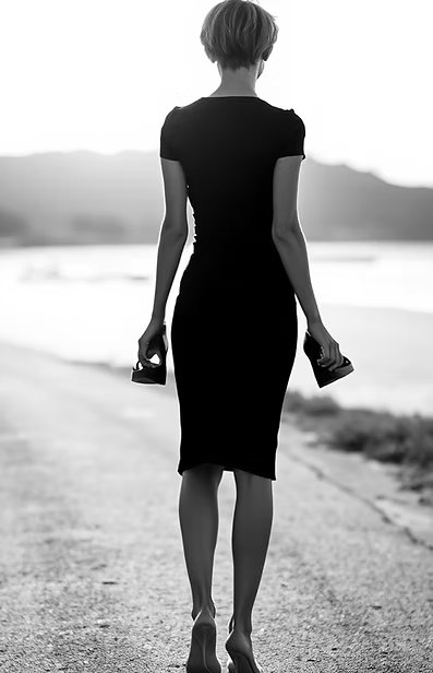 A woman in a black dress walking away along a coastal path, black and white photograph.